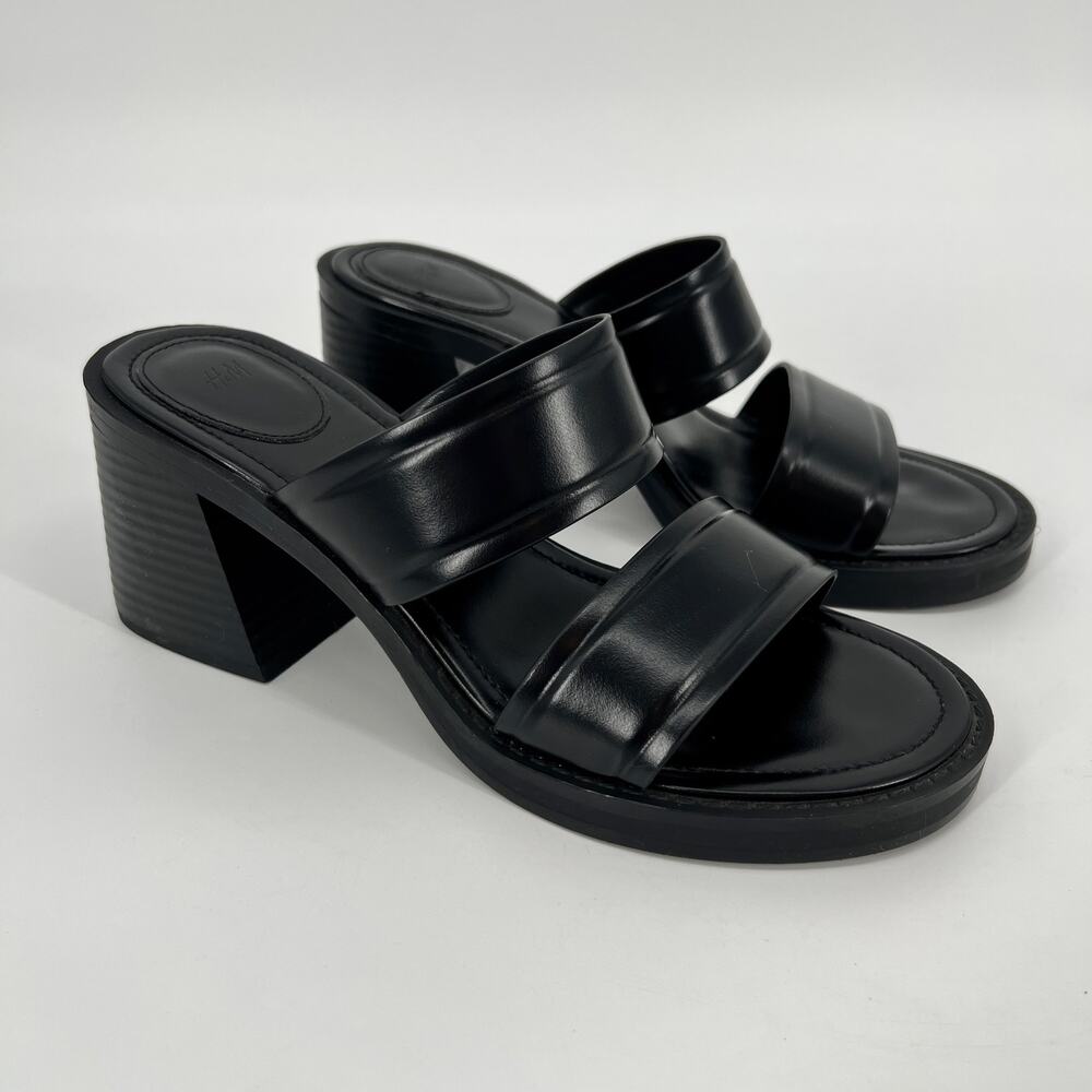 H&M Double Strap Slide Sandals Womens 9 Black Vegan Leather Platform Chunky